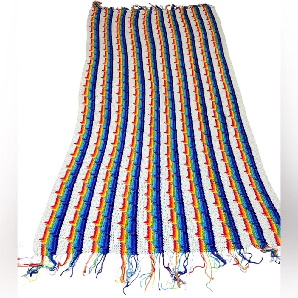 Handmade Crochet Afghan Blanket Rainbow Striped Pattern 84